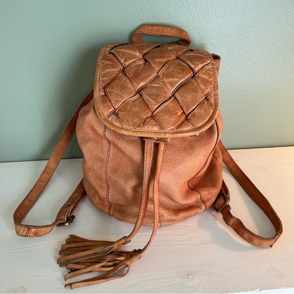 NEW Etsy Made in Raleigh Tan Leather Woven Design Backpack - Picture 1 of 6